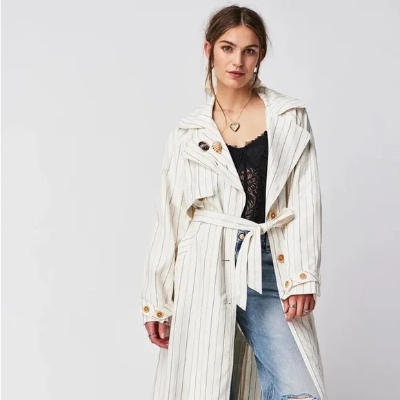 New free people Melia Mac Coat long sleeve boho linen blend plaid ecru striped - Picture 2 of 11